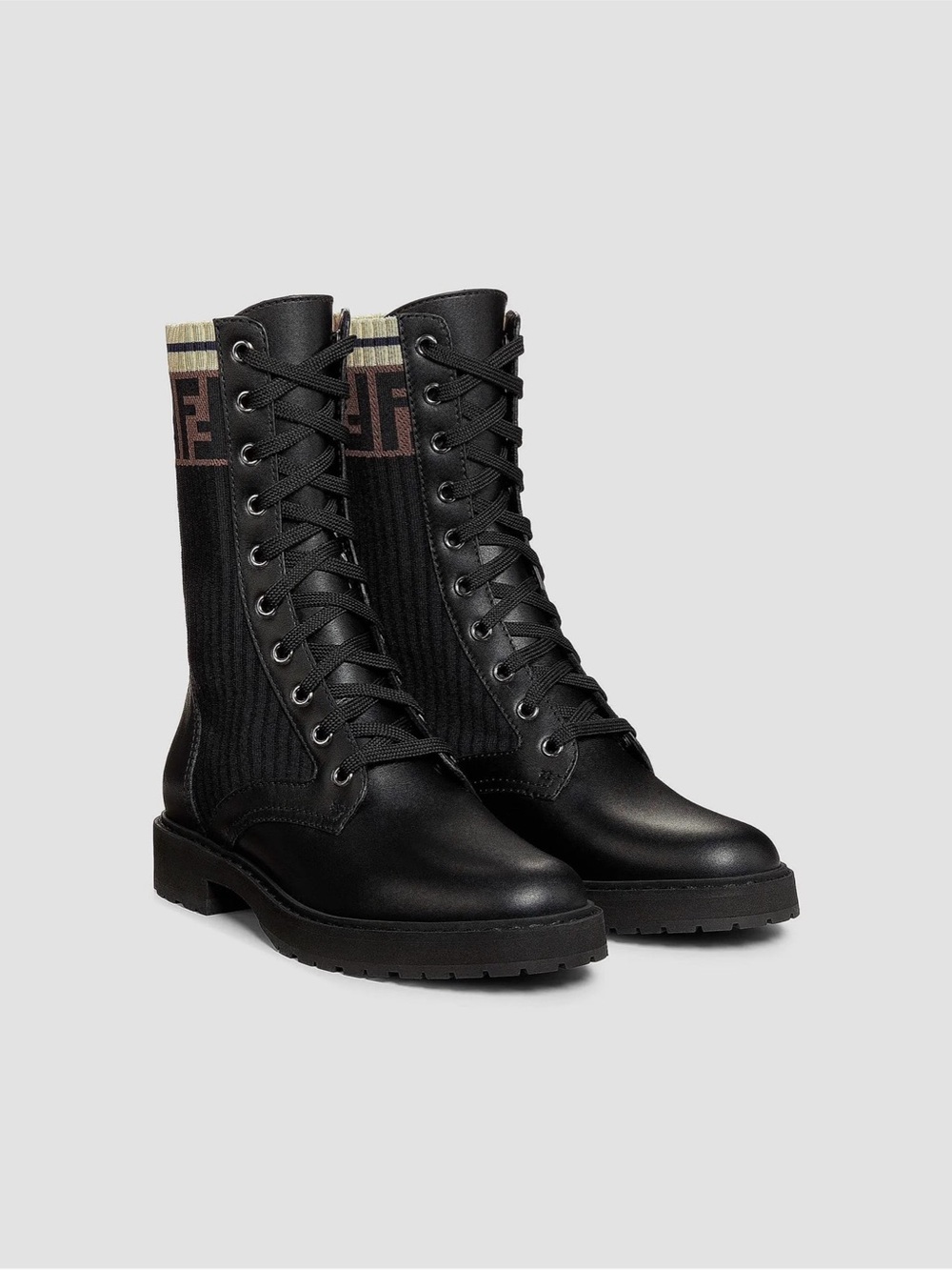 Fendi Black Lace-Up Women's Combat Boots with Branded Knit Cuff